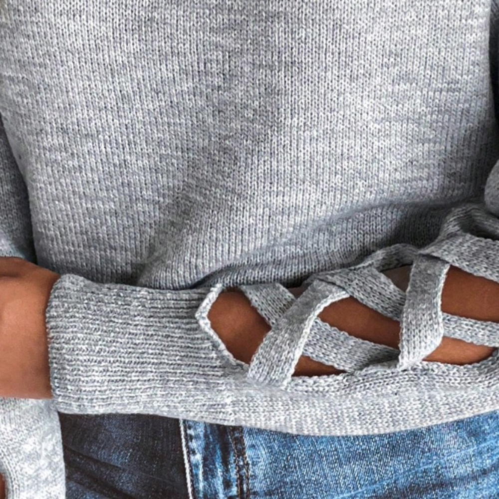 Gray Knit Criss Cross Straps Cut Out Sleeve Sweater Pullover - Picture 8 of 11
